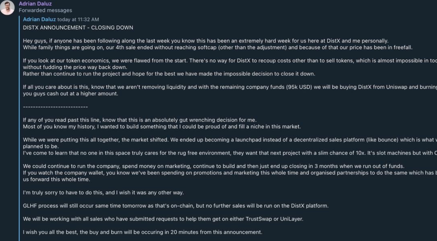 screenshot from Twitter showing message from Adrian Daluz of DistX